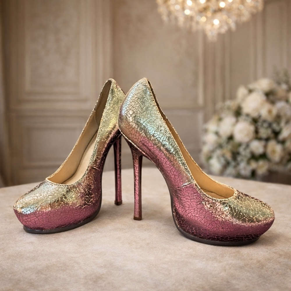 Saint Laurent YSL Gold‎ Metallic Cracked Leather Pointed Toe Pumps, 38/8 - Picture 5 of 10